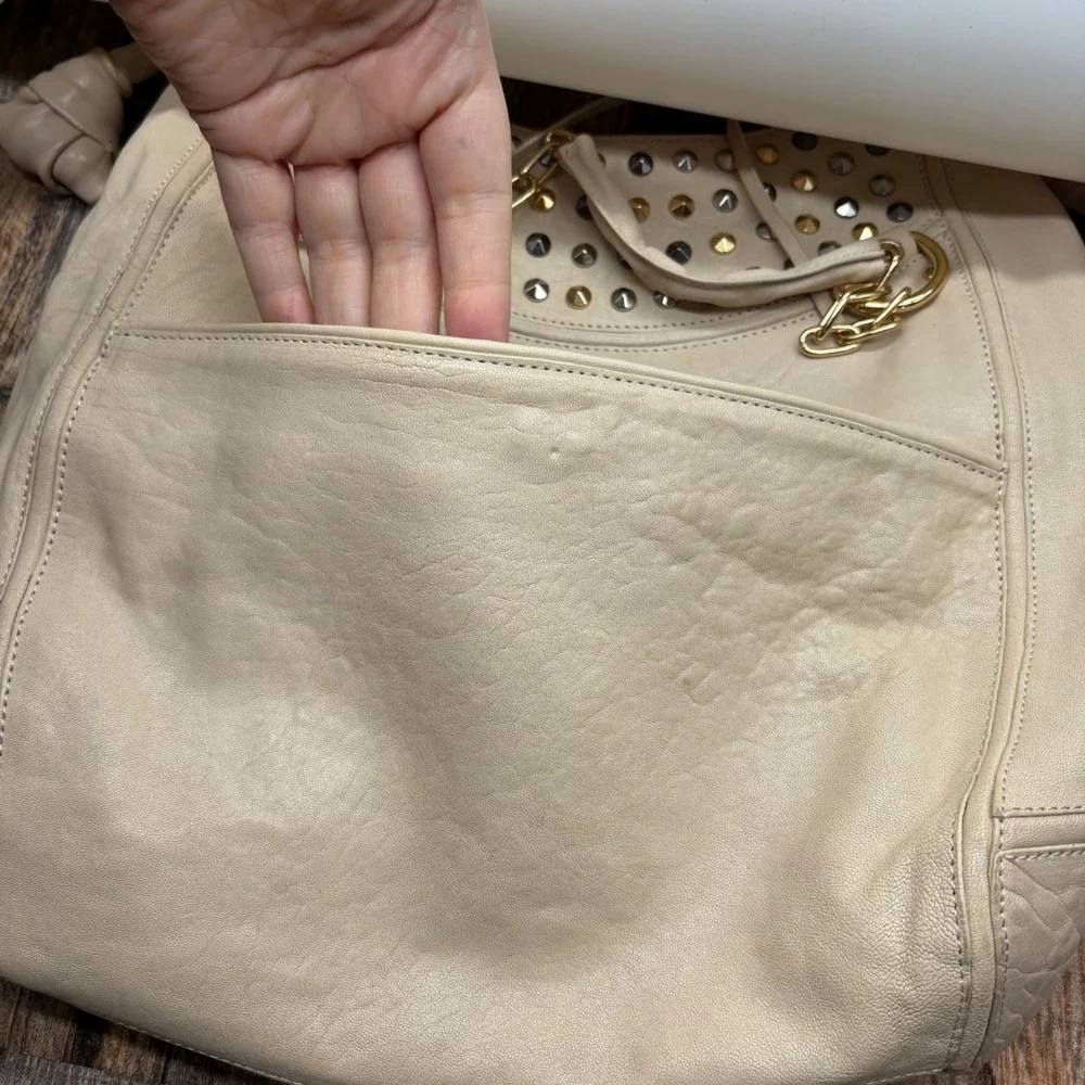 Tre Vero Cream Leather Studded Hobo Bag Mixed Metal Chain Strap Shoulder Bag